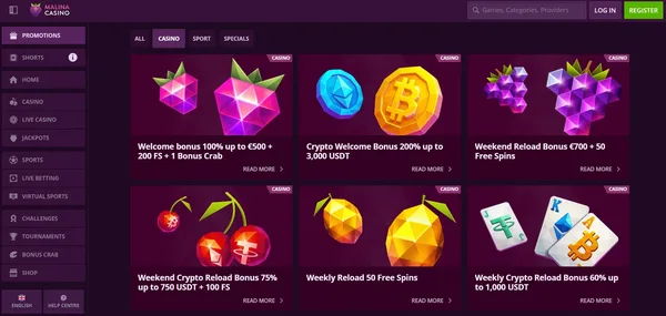 Malina Casino stran s pozdravnim bonusom na mobilnem telefonu