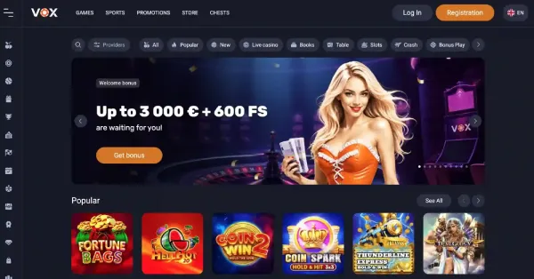 Vox Casino domača stran na mobilnem telefonu